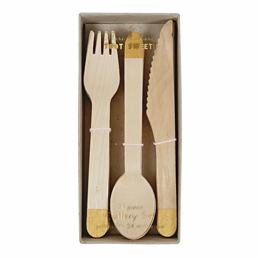 Cutlery | Gold Wooden Cutlery Set (X 24) Party Supplies Cutlery