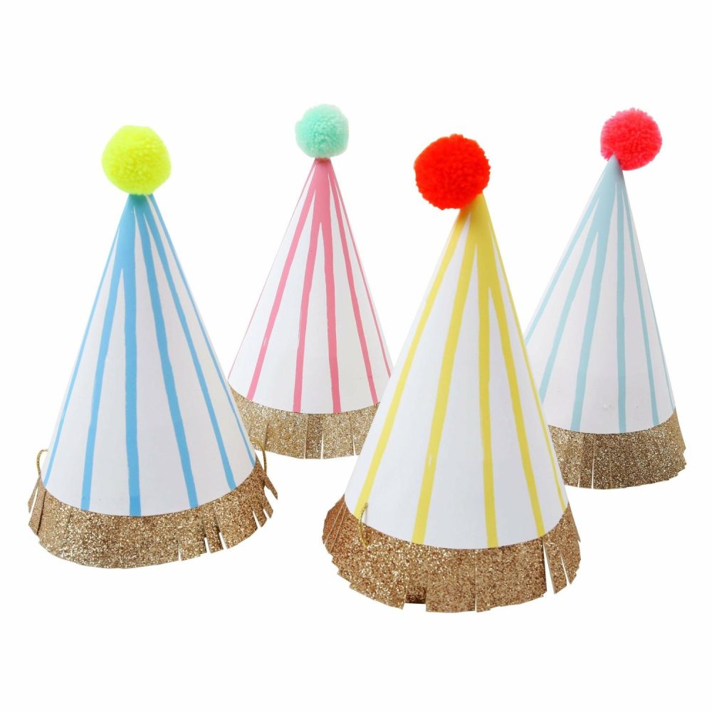 Party Hats | Stripe Pompom Party Hats (X 8) Party Hats Party Hats