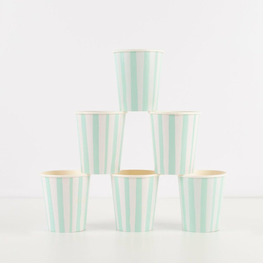 Plates, Cups & Napkins | Mint Stripe Cups (X 8) Party Supplies Plates, Cups & Napkins