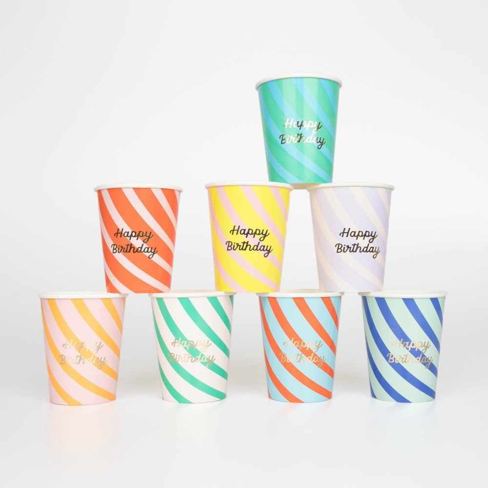 Plates, Cups & Napkins | Stripe Happy Birthday Cups (X 8) Party Supplies Plates, Cups & Napkins