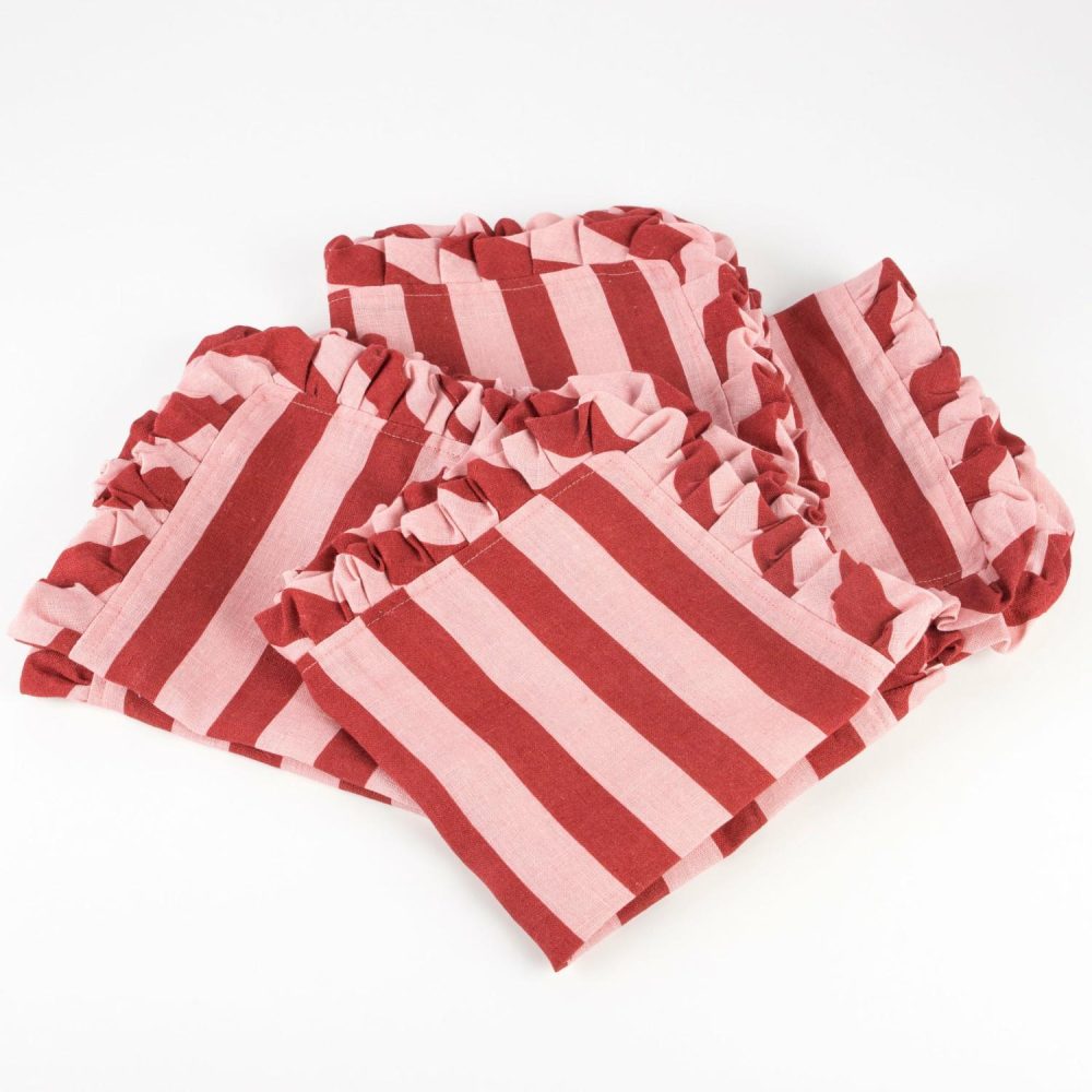 Reusable Or Compostable | Red & Pink Stripe Ruffle Fabric Napkins (X 4) Party Supplies Reusable Or Compostable