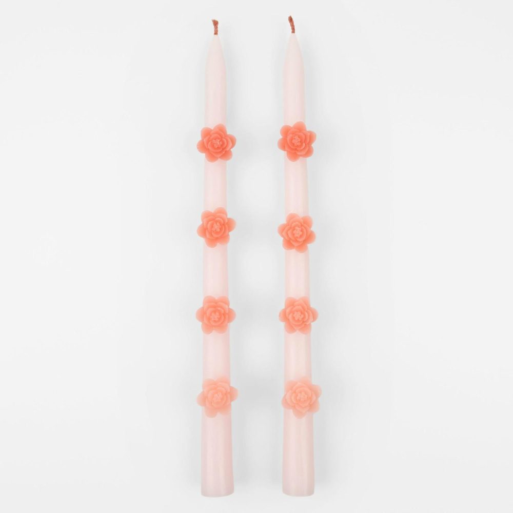 Table Candles | Pink Flower Taper Candles (X 2) Candles Table Candles